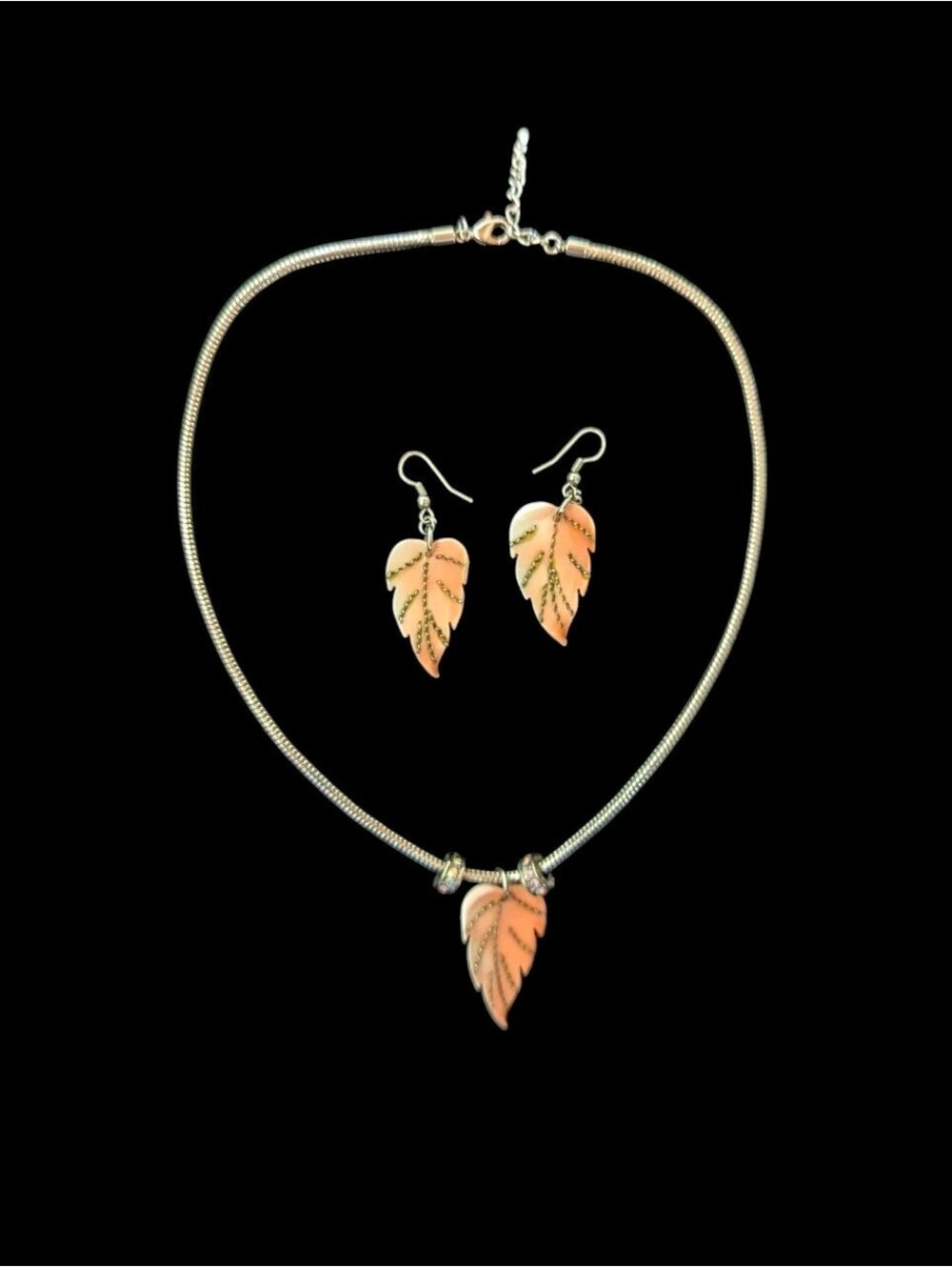 Leaf Pendant Silver Necklace Earrings Set Cream Peach Fall Autumn Jewelry